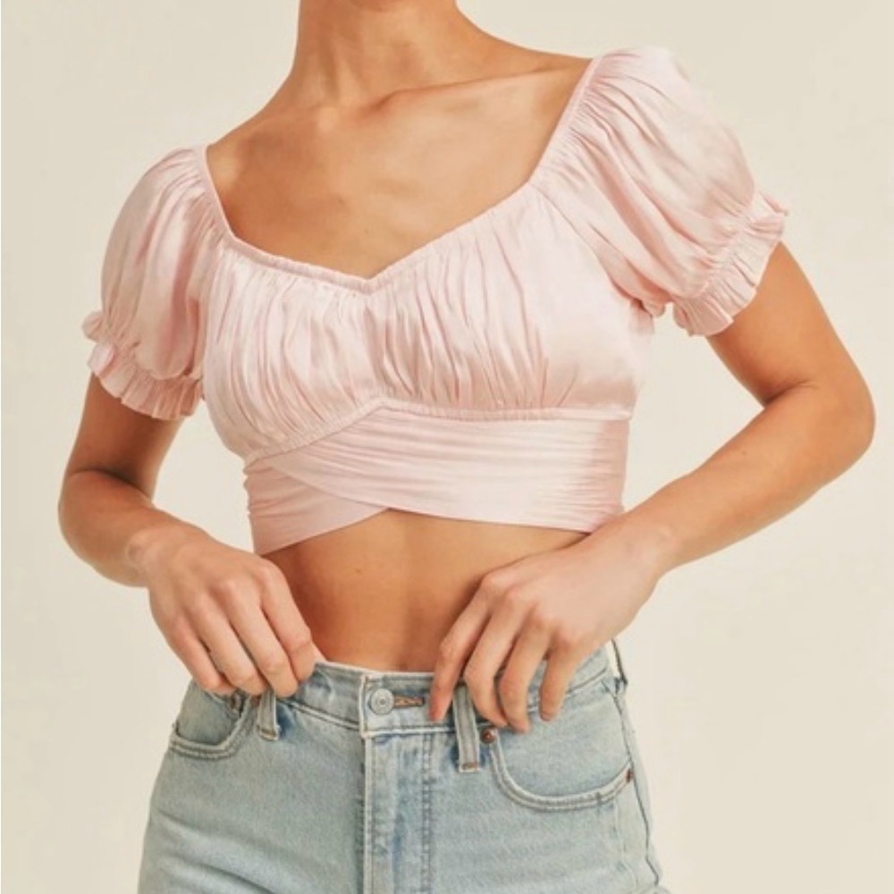 RESET by Jane Pink Ruched Crop Top Tie Back NWT Size L Romantic Blouse